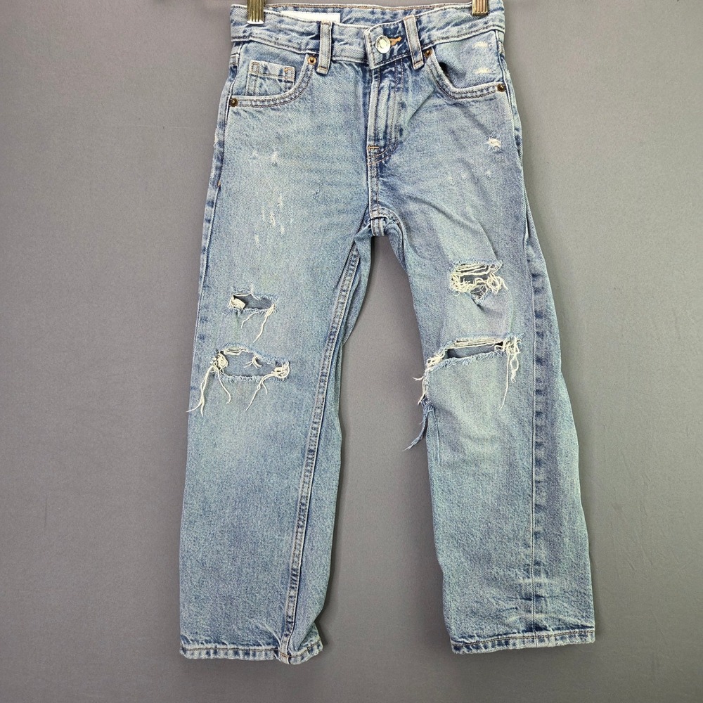Zara Boys Distressed Jeans Size 7 Light Wash Ripped Straight Leg Denim Pants